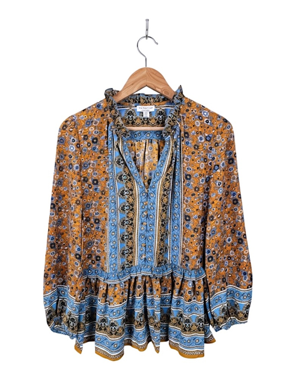 Current Air Boho Folk Floral Ruffle Neck Peasant Blouse Medium Tiered Hem - Picture 2 of 15